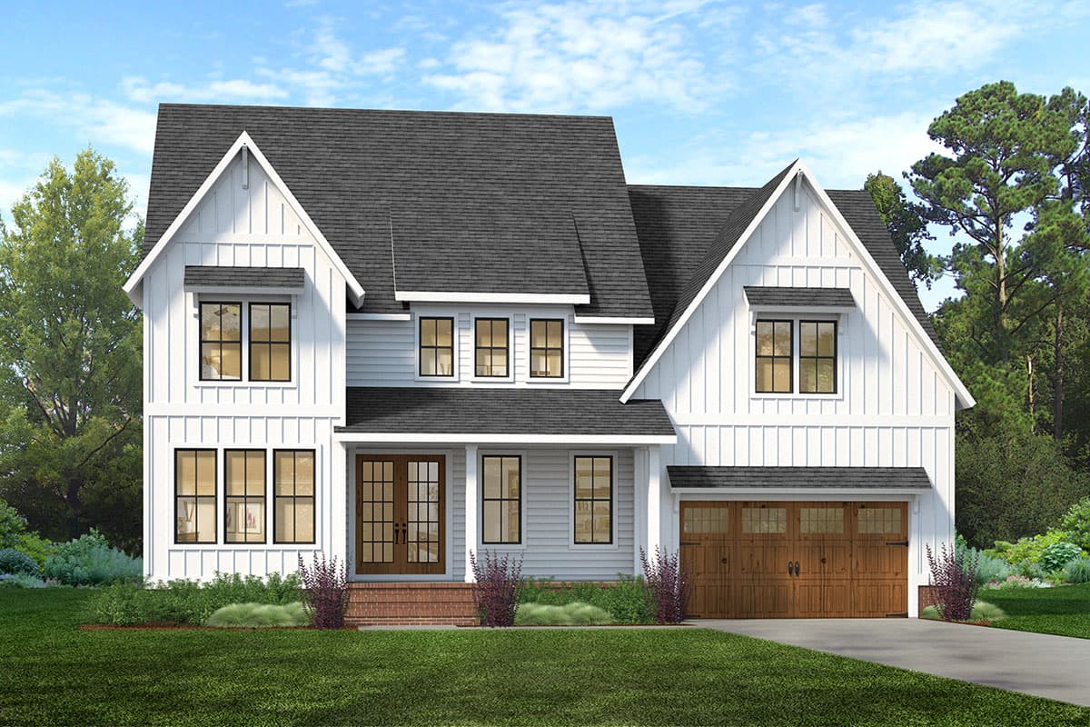 House plan exterior. Two-story Modern Farmhouse with gabled roof, dormers, and a two-car garage. Features include a front porch and vertical siding.
