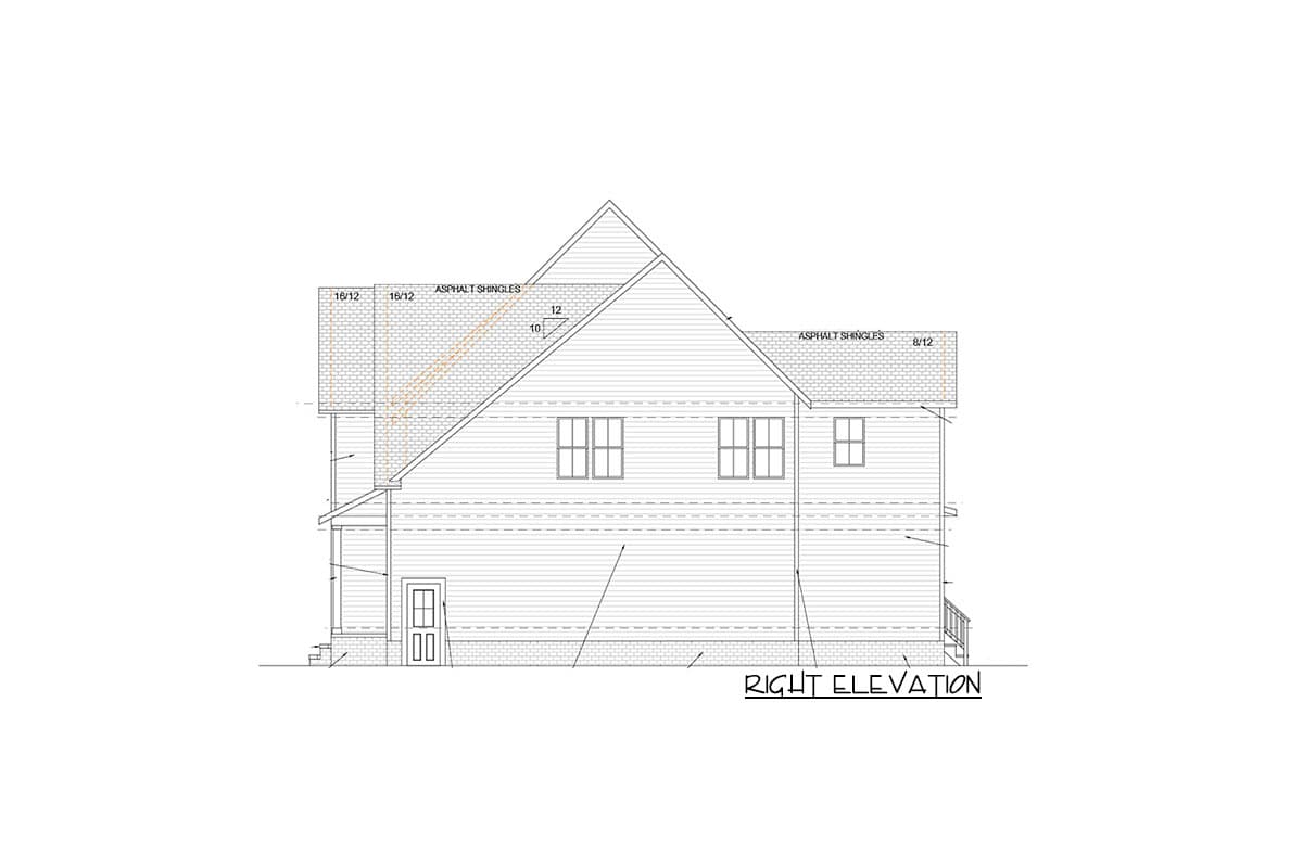 Right elevation house plan showing gable rooflines, asphalt shingles, multiple windows, and a small porch.