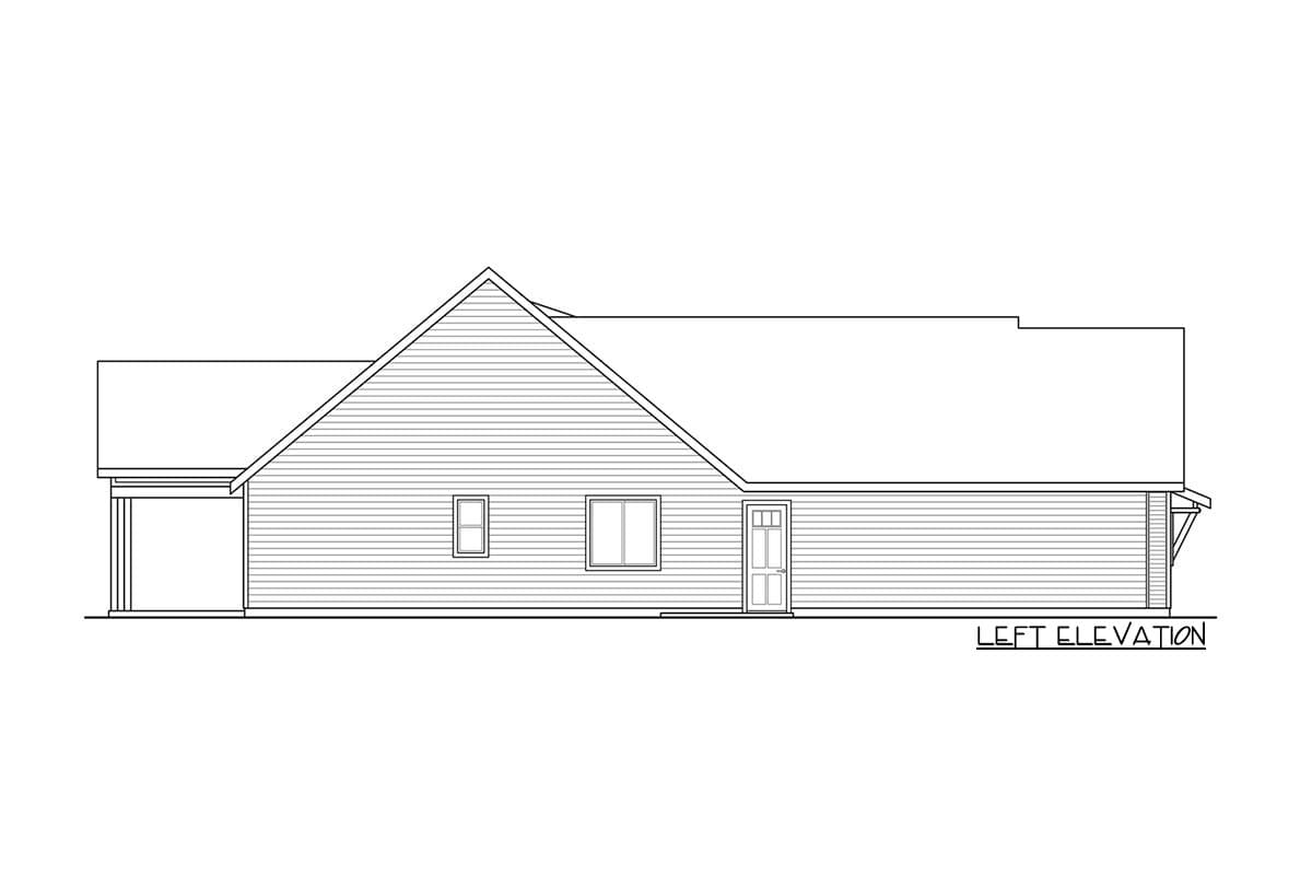 House plan left elevation drawing showing a single-story house with a covered porch, gabled roof, and horizontal siding.