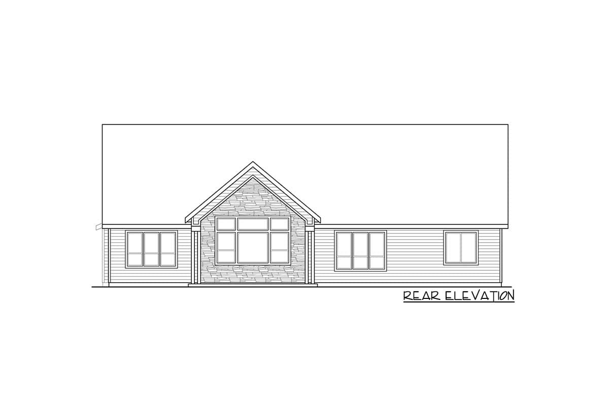 Rear elevation of a house plan featuring horizontal siding, a gabled central section with stone veneer, and multiple windows.