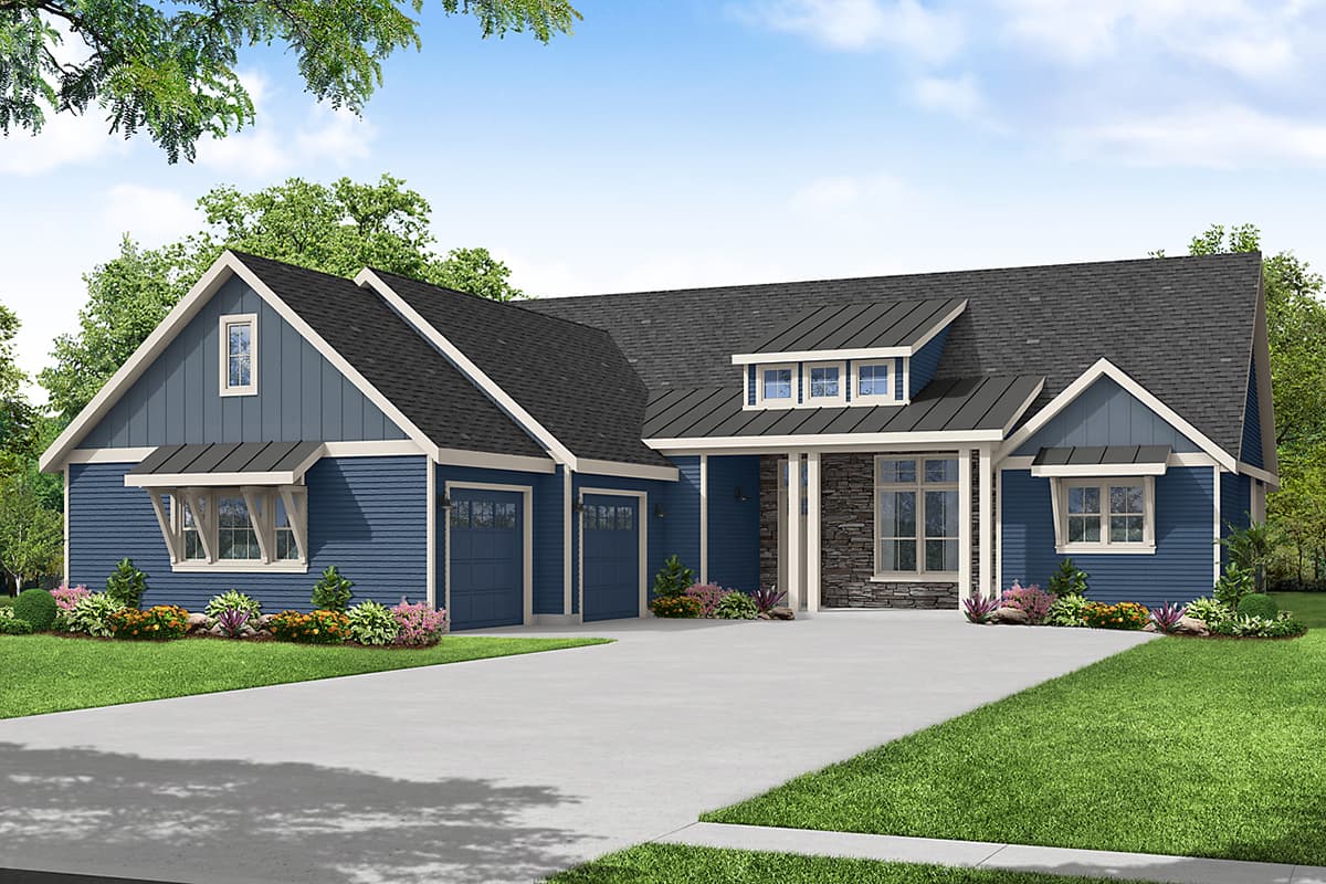 House plan exterior with Craftsman-style elements. Features include gables, dormers, and a covered entry. Two-car garage is attached.