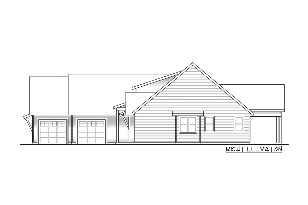 Right elevation house plan showing a 3-car garage, gable roofline, and covered porch.