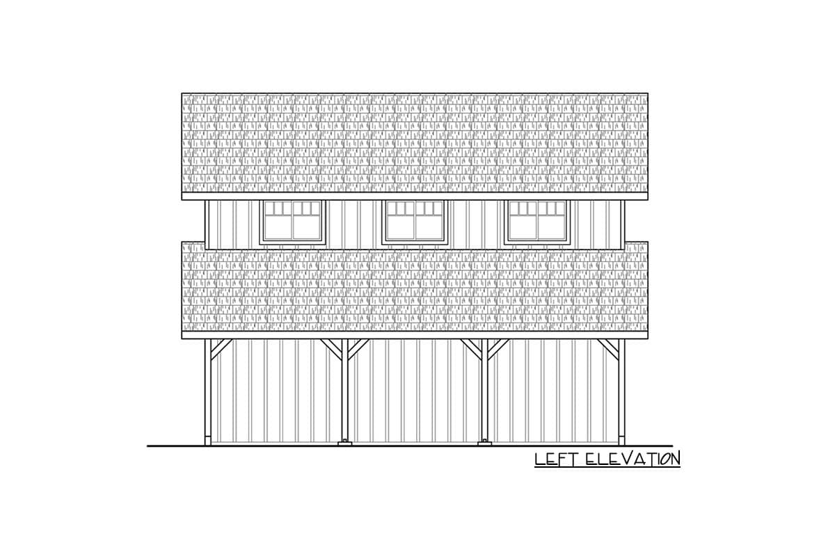 Left elevation drawing of a two-story house plan featuring a gable roof, three upper windows, and a lower section with supporting beams.