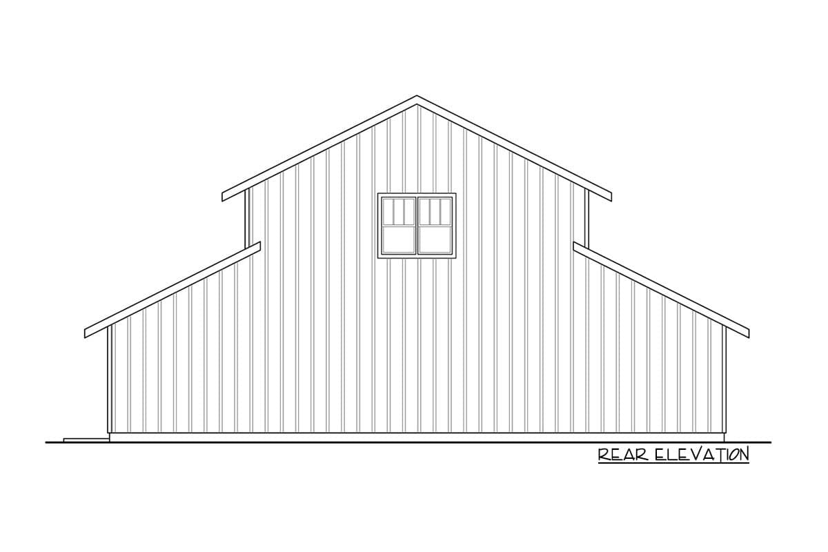 Rear elevation drawing of a house plan featuring vertical siding, a gable roof, and a central dormer window.