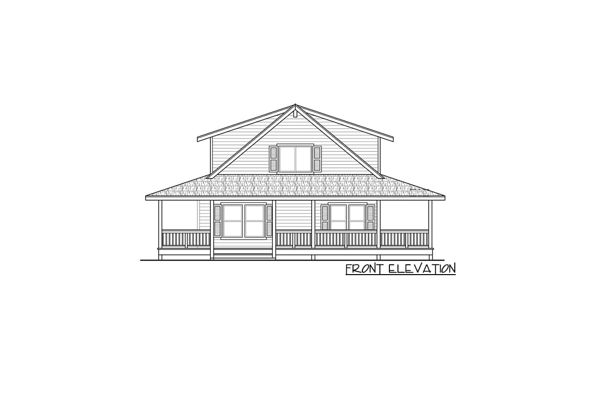 Front elevation drawing of a two-story house plan with a wraparound porch, gabled dormer, and horizontal siding.