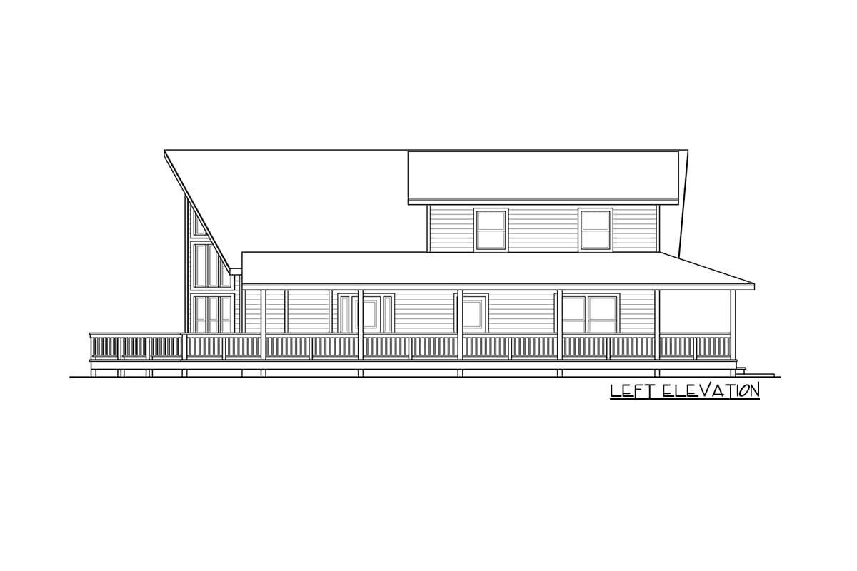 Left elevation drawing of a two-story house with a wraparound porch, gabled rooflines, and large side windows.