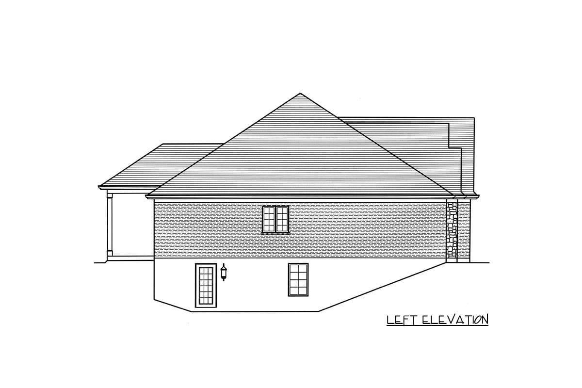 Left elevation drawing of a house plan showing a gabled roof, brick siding, a small porch, and several windows.