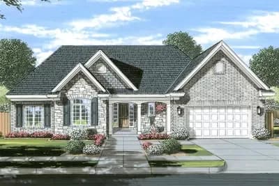 One Level Home Plan with Brick and Stone Exterior and 2 Fireplaces