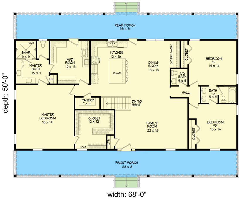 Plan 68772VR: 3-Car Country Ranch House Plan with a Drive-Under Garage and In-law Suite Potential - Floor Plan - Main Level - Mountain, Ranch, Traditional, Vacation
