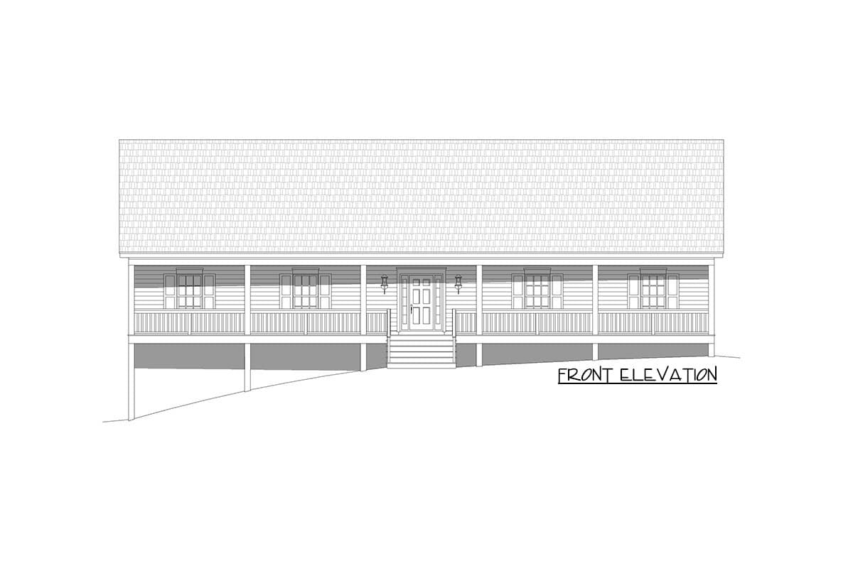Front elevation drawing of a one-story house plan with a full-width porch, centered entrance, and hip roof.