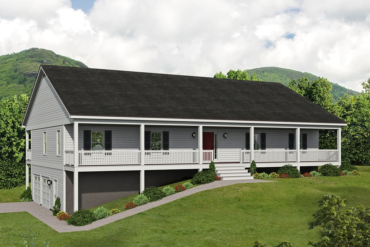 House plan exterior. Two-story home with a wraparound porch, gable roof, and attached garage. The home sits on a sloped lot.