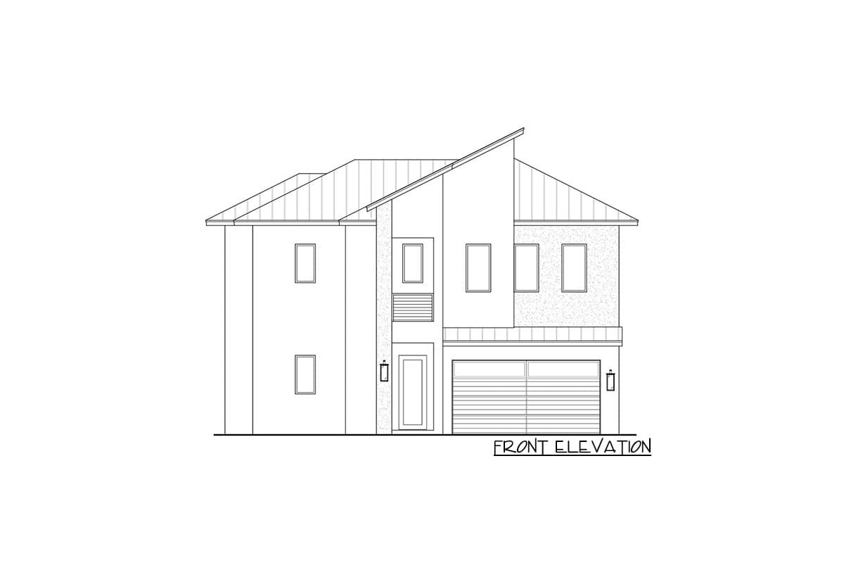 Front elevation drawing of a two-story house plan with a two-car garage and a prominent sloped roofline.
