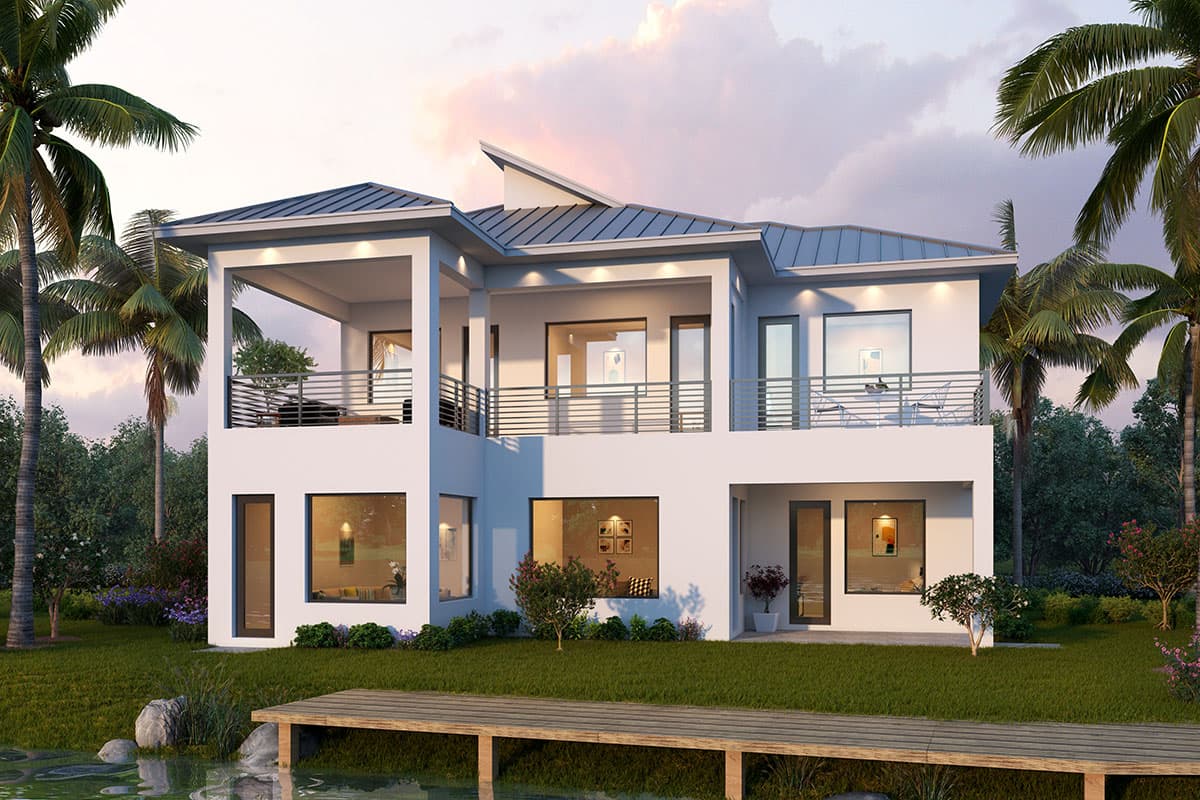 House plan exterior of a modern two-story home with covered balconies, metal roof, and multiple large windows.