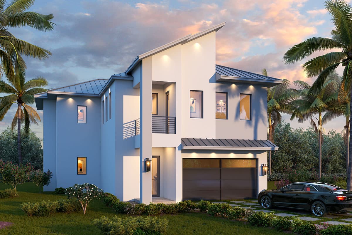 House plan exterior. Two-story modern house with a flat roof and a single-car garage. Features include a balcony and a dramatic roofline.