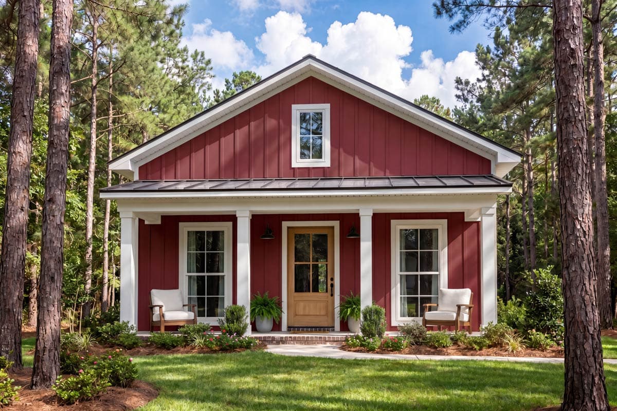 House plan exterior: red board and batten siding, single-story, covered front porch with white columns, gable.
