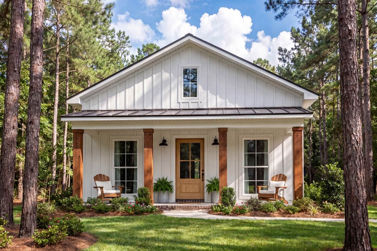 House plan exterior: Modern Farmhouse style, one story, white board and batten siding, gable roof, and a covered front porch with wood columns.