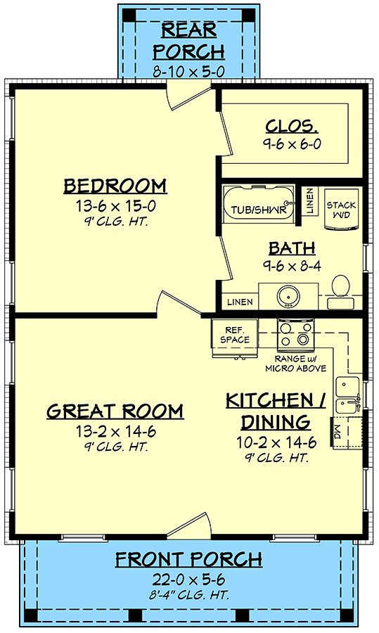 Plan 51866HZ: One Bed and Bath Farmhouse-style Cabin - 732 Sq Ft - Floor Plan - Main Level - Cottage, Country, Farmhouse, Vacation