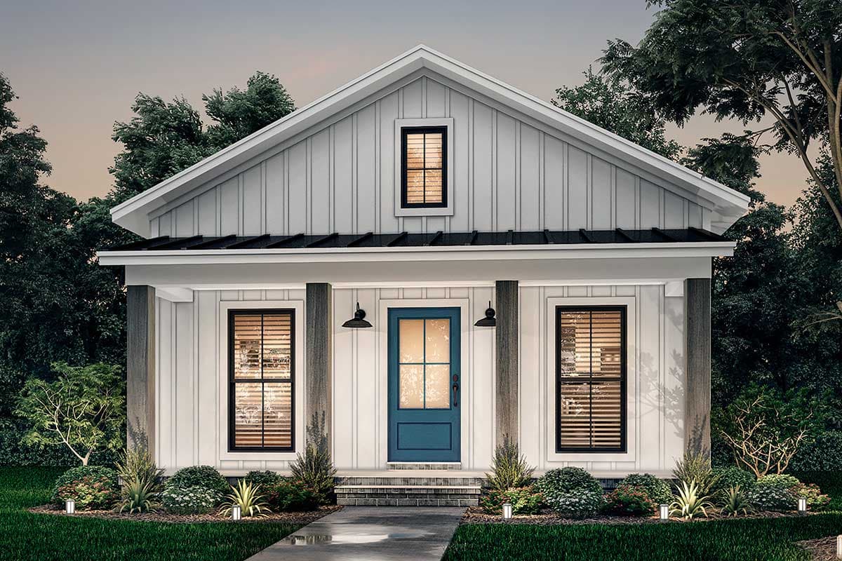 Modern Farmhouse house plan exterior with board and batten siding, metal roof, gabled dormer, and large windows.