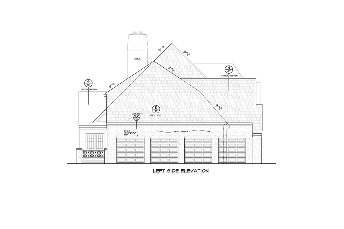 Left side elevation drawing showing a house plan with four garage doors, brick veneer, and a prominent chimney.