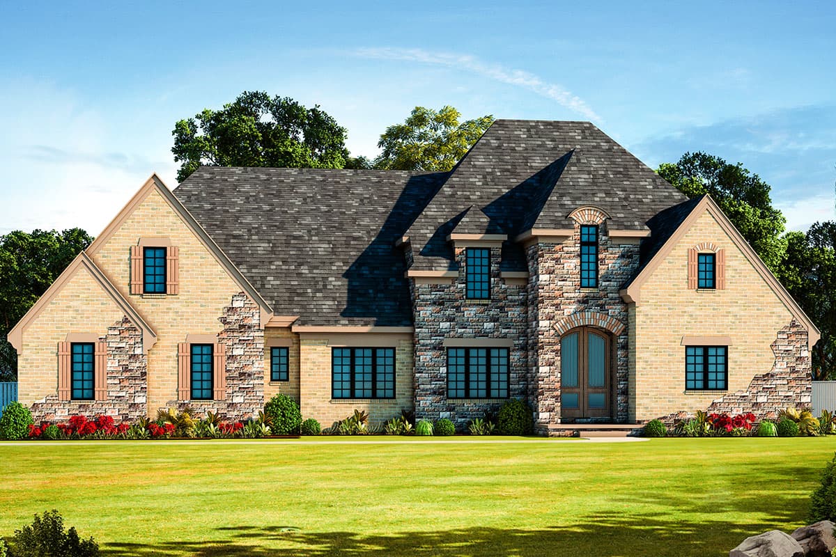 House plan exterior with stone and brick facade, multiple gables, arched entry, and dormers. Two-story home with a multi-material roofline.