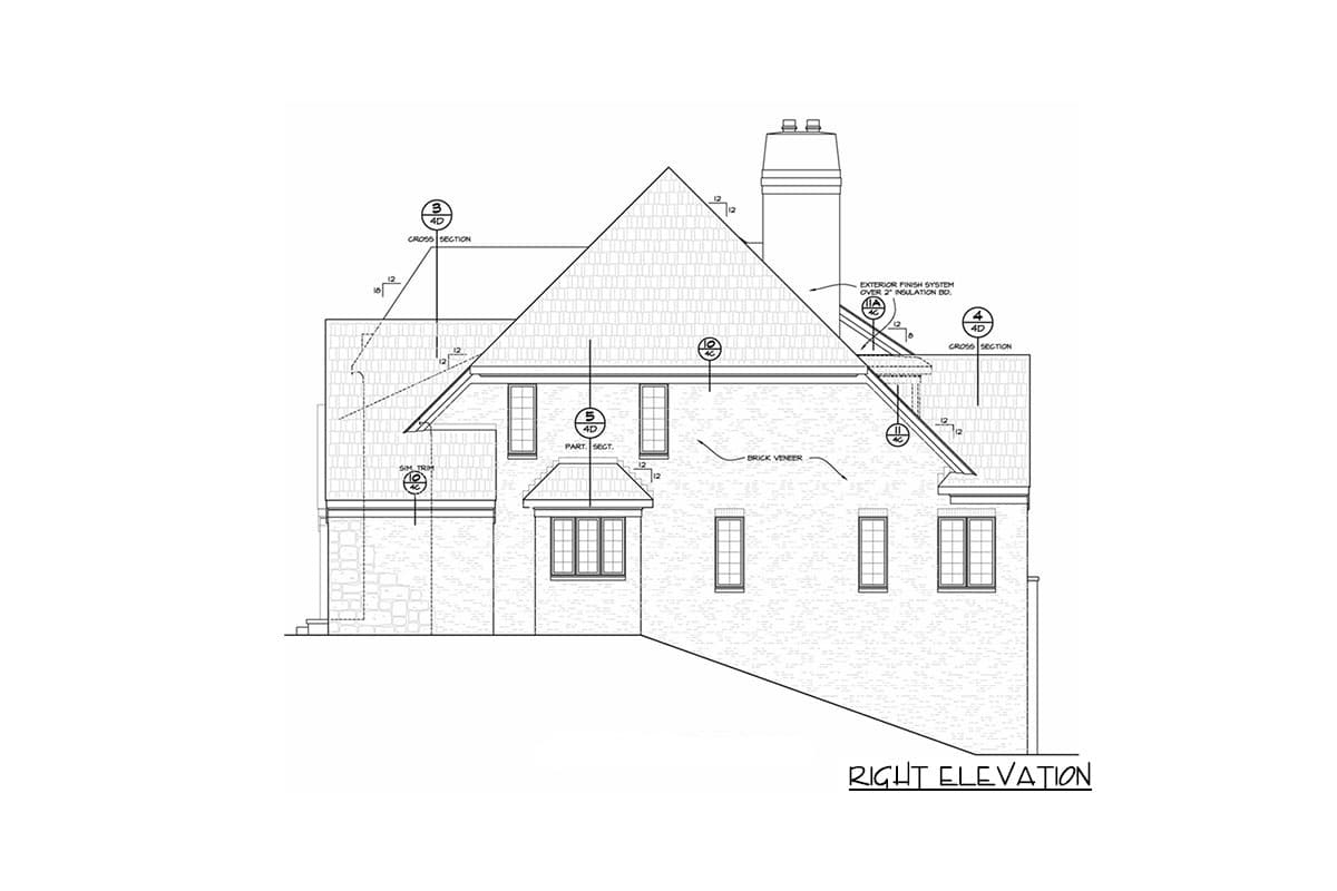 Right elevation house plan showing brick veneer, multi-level rooflines, dormers, and chimney.