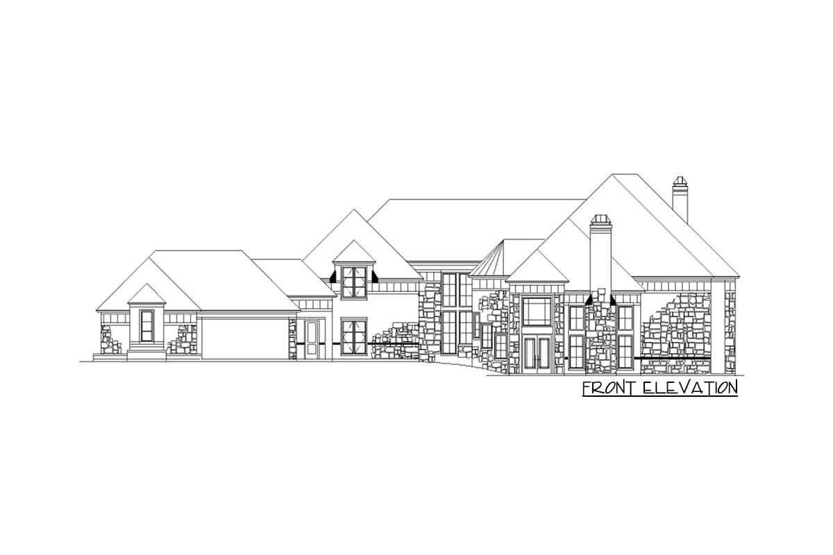 Front elevation drawing of a large house with stone accents, multiple gables, dormers, and a prominent chimney.
