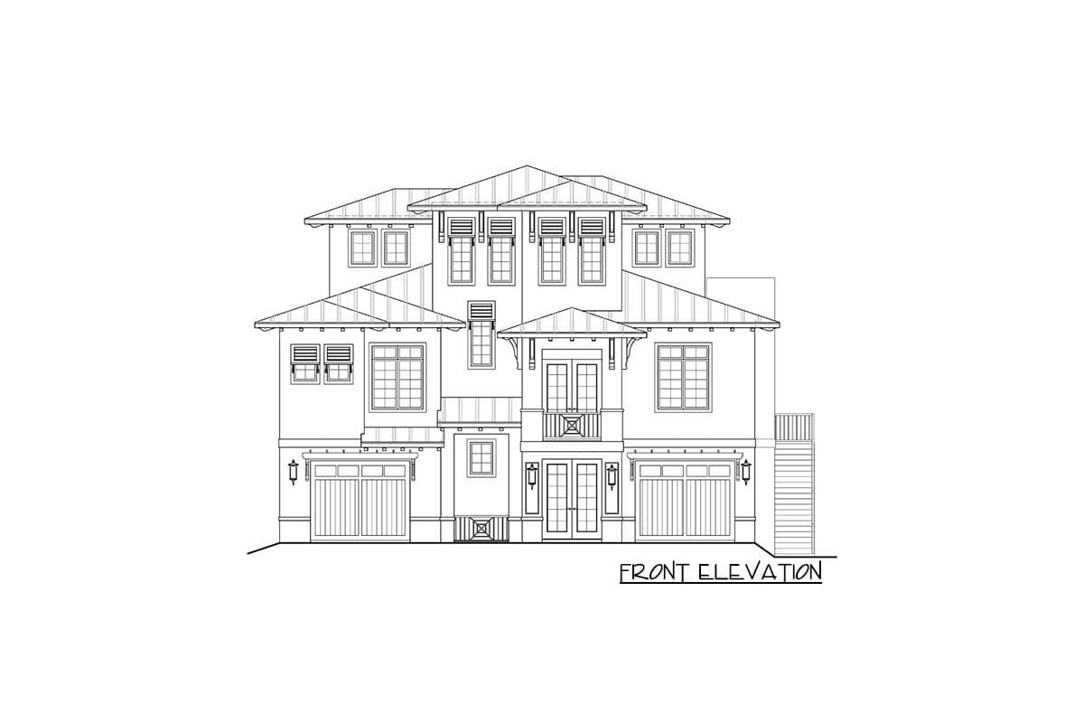 Front elevation drawing of a multi-story house plan with multiple gables, dormers, and two garage doors.