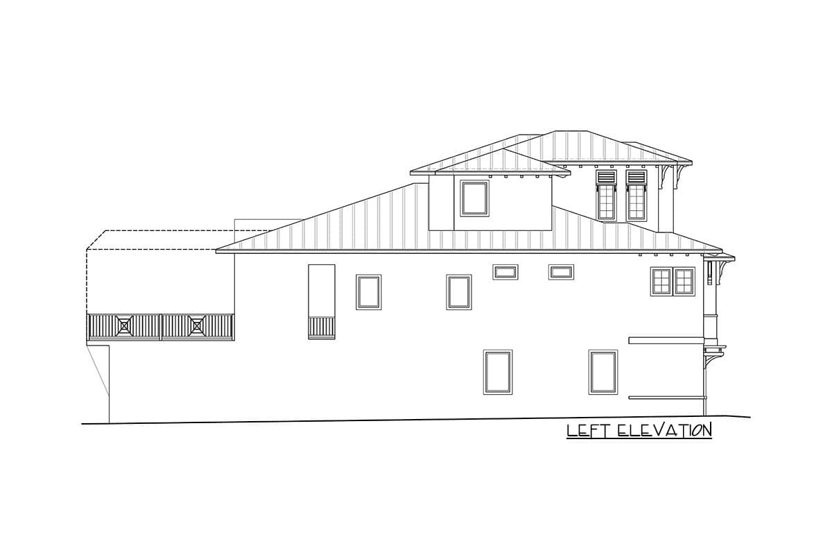 House plan left elevation shows a multi-level building with a hip roof, balcony, and numerous windows.
