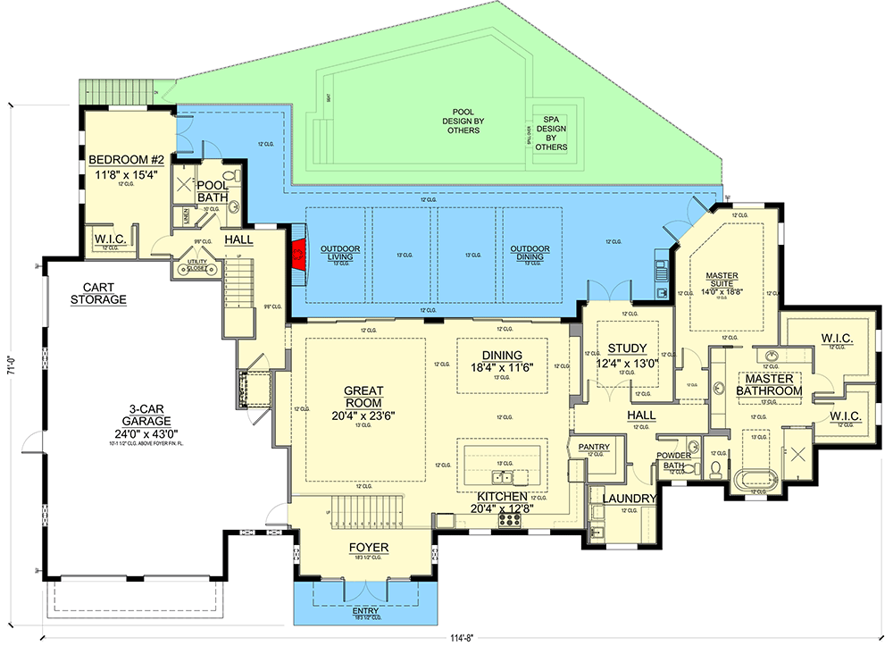 Plan 65684BS: Luxury 4-Bed Home Plan with Cart Storage in 3-Car Garage - Floor Plan - Main Level - Coastal, European, Florida-Style, Mediterranean, Southern, Transitional