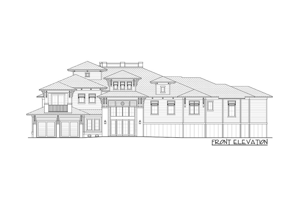 Front elevation drawing of a multi-story house with varied rooflines, dormers, multiple garages, and a central glass entryway.