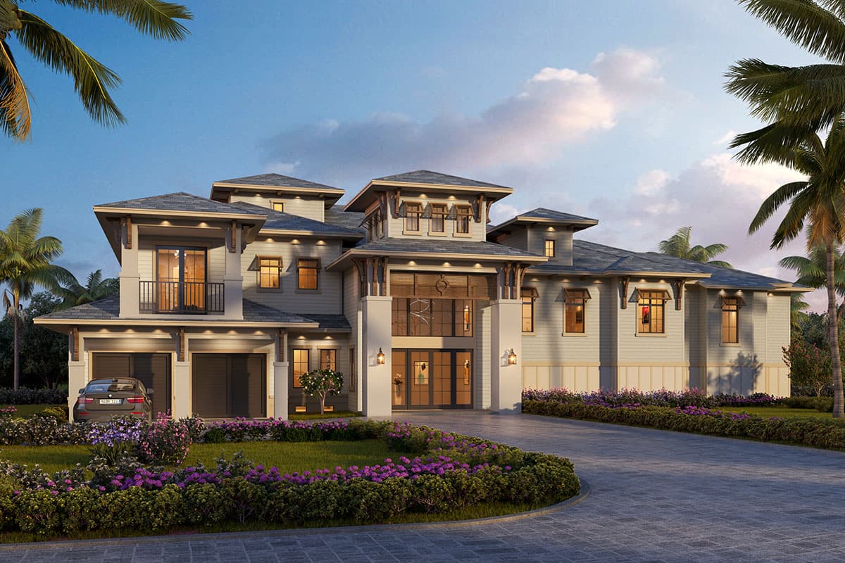 House plan exterior: Two-story Modern coastal home with a covered balcony, double garage, prominent gables, and layered rooflines.