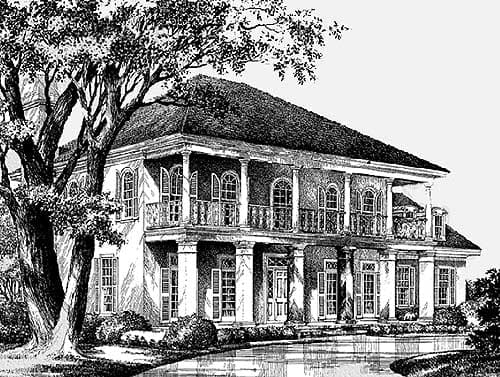 House plan exterior of a two-story Neoclassical home with a prominent wrap-around porch, columns, and arched windows.