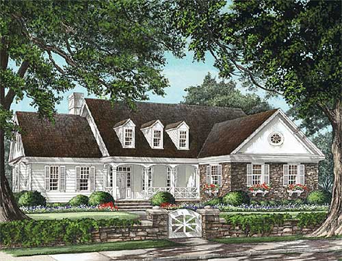 House plan exterior featuring a single-story home with a wraparound porch, dormers, and stone and siding facade.