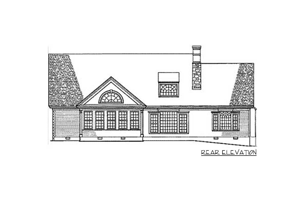 Rear elevation drawing of a house plan featuring a prominent gable with fan window, dormer, and chimney.