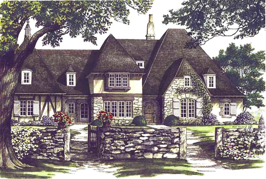 House plan exterior featuring a stone and stucco facade, multiple gables, dormers, and a prominent chimney.