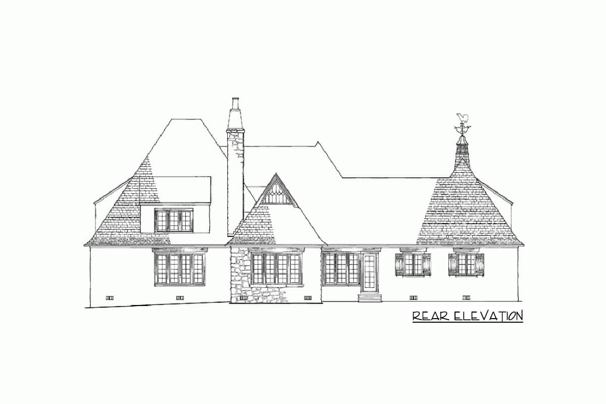 Rear elevation drawing of a house plan, featuring multiple gables, stone accents, dormer windows, and a decorative roof spire.