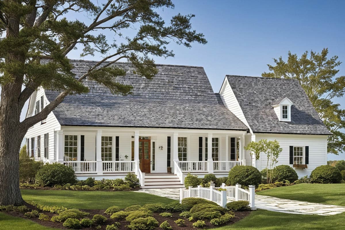 House plan exterior: White sided, two-story home with a covered porch, gables, dormers, and asphalt shingle roof.