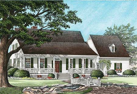 House plan exterior of a two-story Southern Colonial home with a wrap-around porch, dormer window, and symmetrical facade.