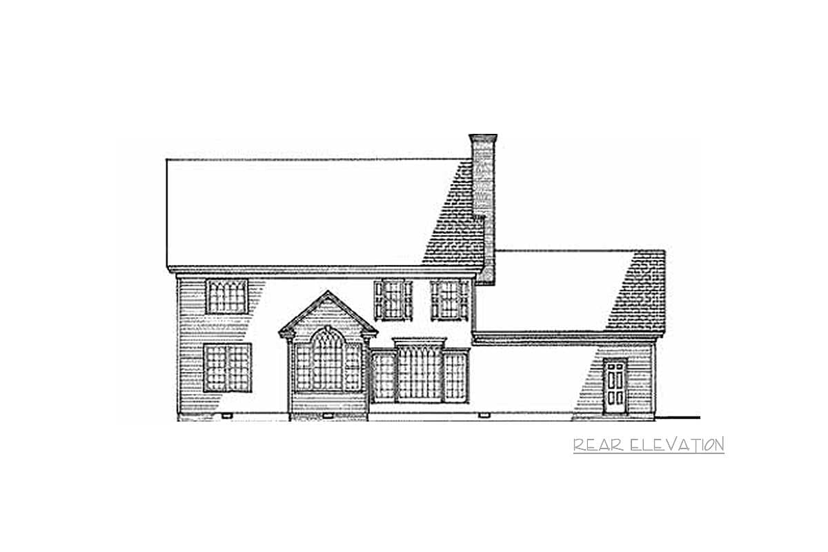 Rear elevation drawing of a two-story house with a prominent gable, bay window, and chimney.