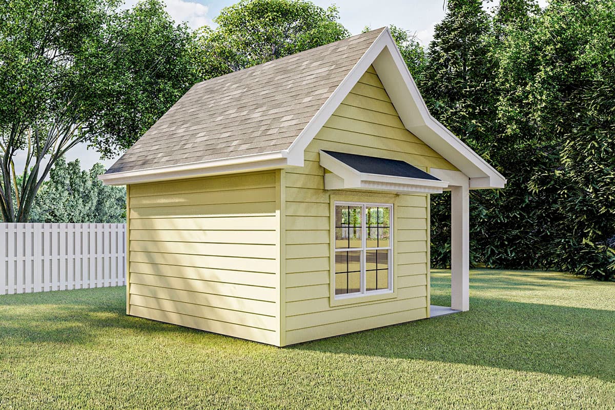 House plan exterior of a one-story structure with horizontal siding, a gable roof, a covered entry, and a multi-pane window.