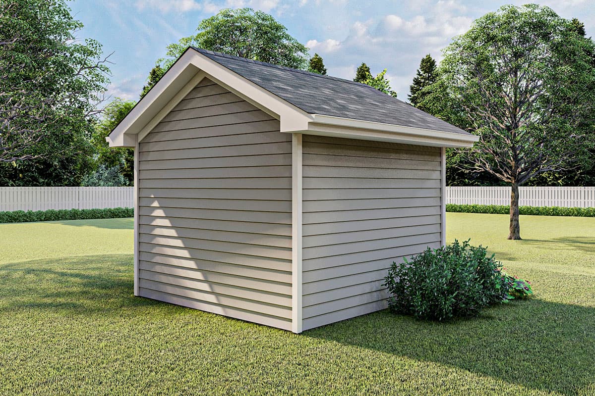 House plan exterior: gable roof, horizontal siding, and white corner trim. Visible side and front.