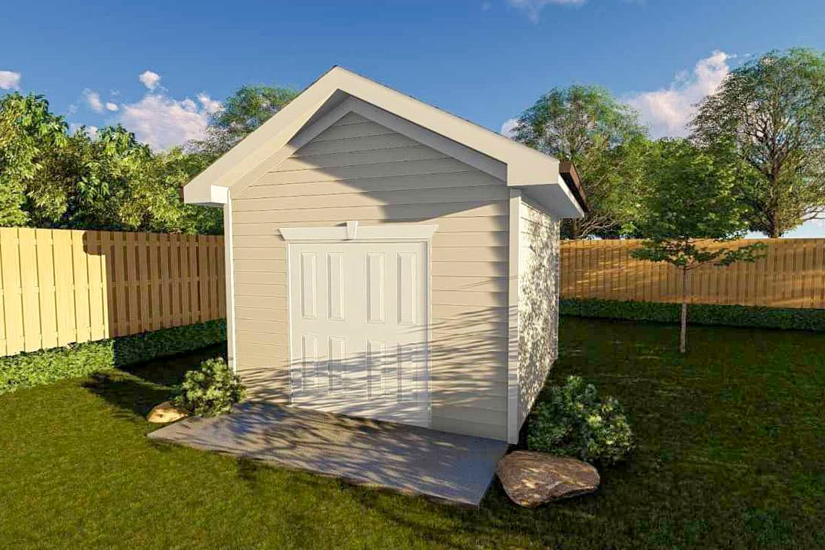 Shed exterior with beige horizontal siding, a white double door, and a gable roof, set in a grassy yard with a wooden fence.