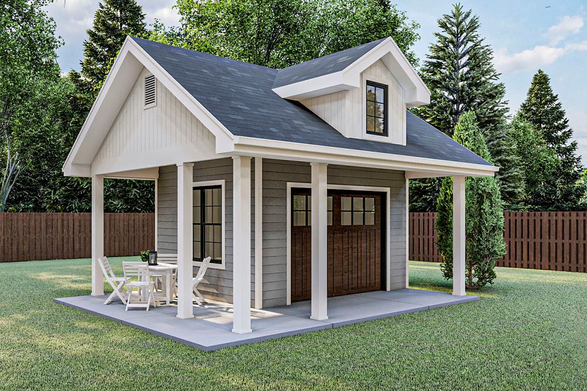 House plan exterior with gable roof, dormer, and covered porch. Features include a garage door and exposed rafter tails.