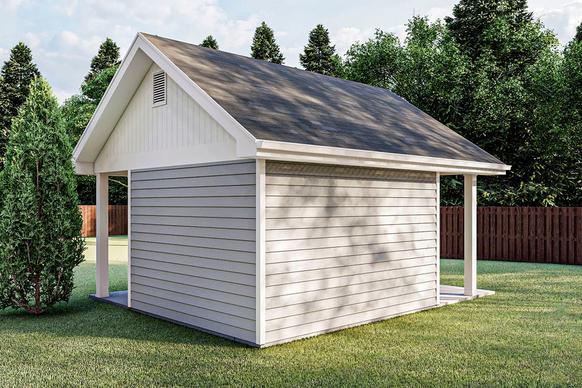 House plan exterior: One-story structure with horizontal siding, gable end vent, and porch columns supporting a pitched roof.