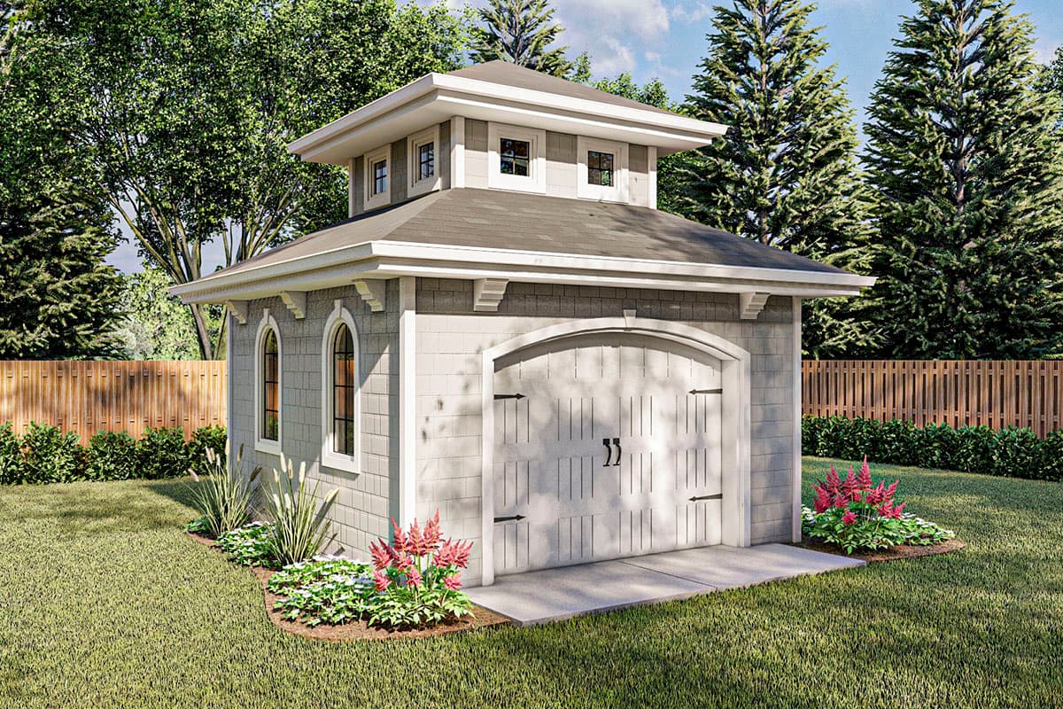 House plan exterior featuring a two-story garage in a Craftsman style. Notable features: arched garage door, dormers, and decorative brackets.