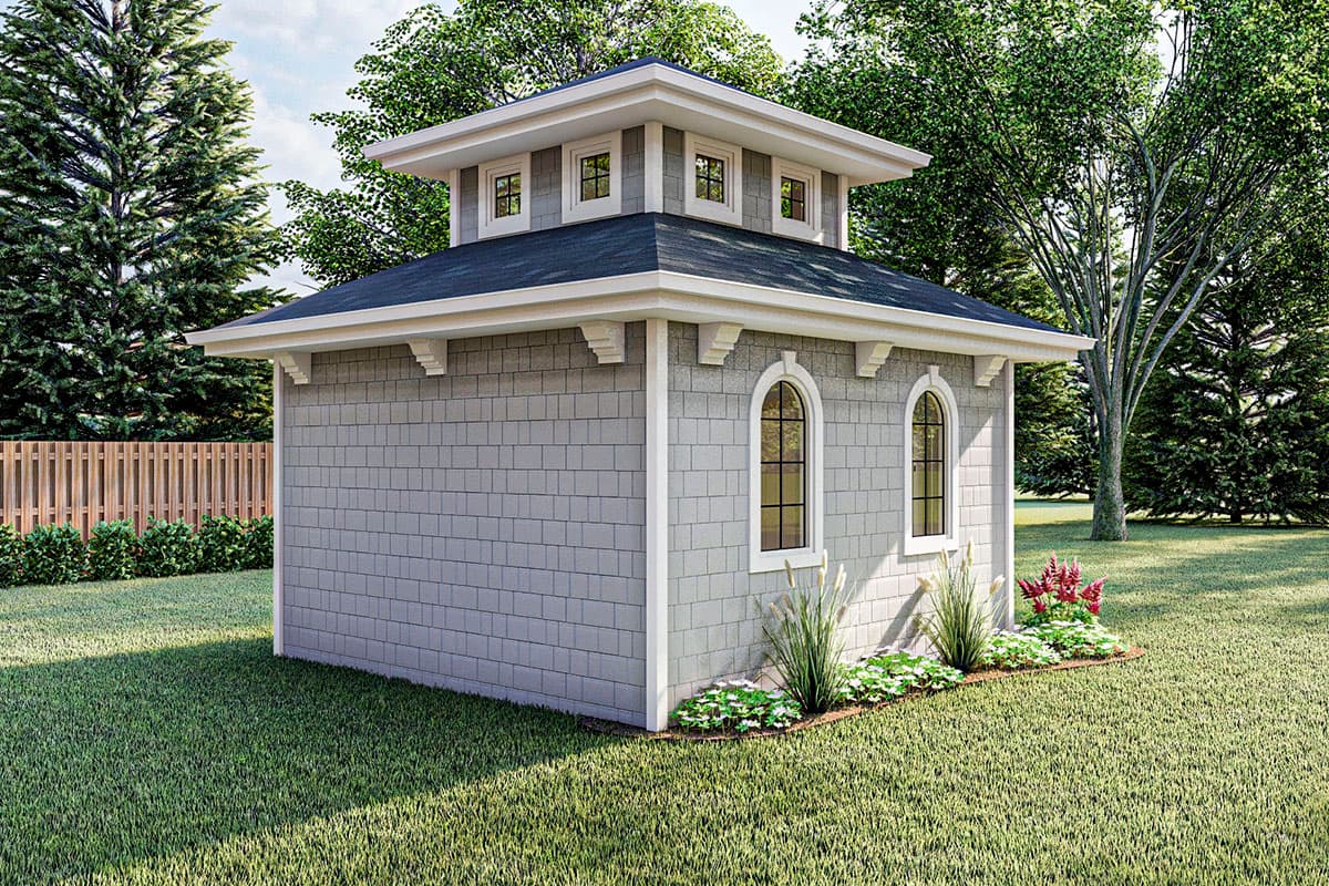House plan exterior: One-story building with shingle siding, arched windows, bracketed eaves, and a hipped roof with dormers.