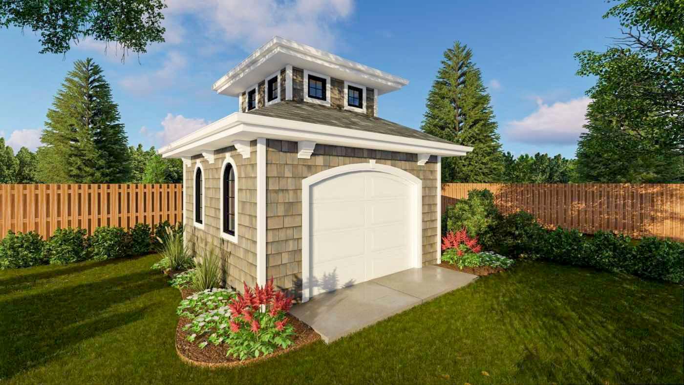 House plan exterior: Single-story garage with arched windows, shingle siding, and a tiered roof with dormers.