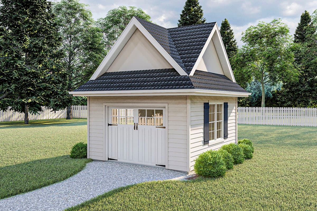 House plan exterior. One-story structure with gable roof. Includes garage door with windows, a window with shutters, and clapboard siding.