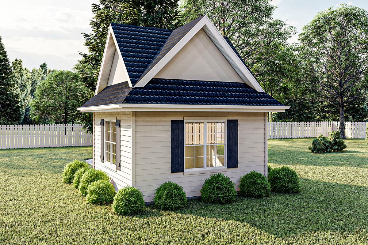 House plan exterior of a one-story cottage with a gable roof, paneled siding, and two windows with shutters.