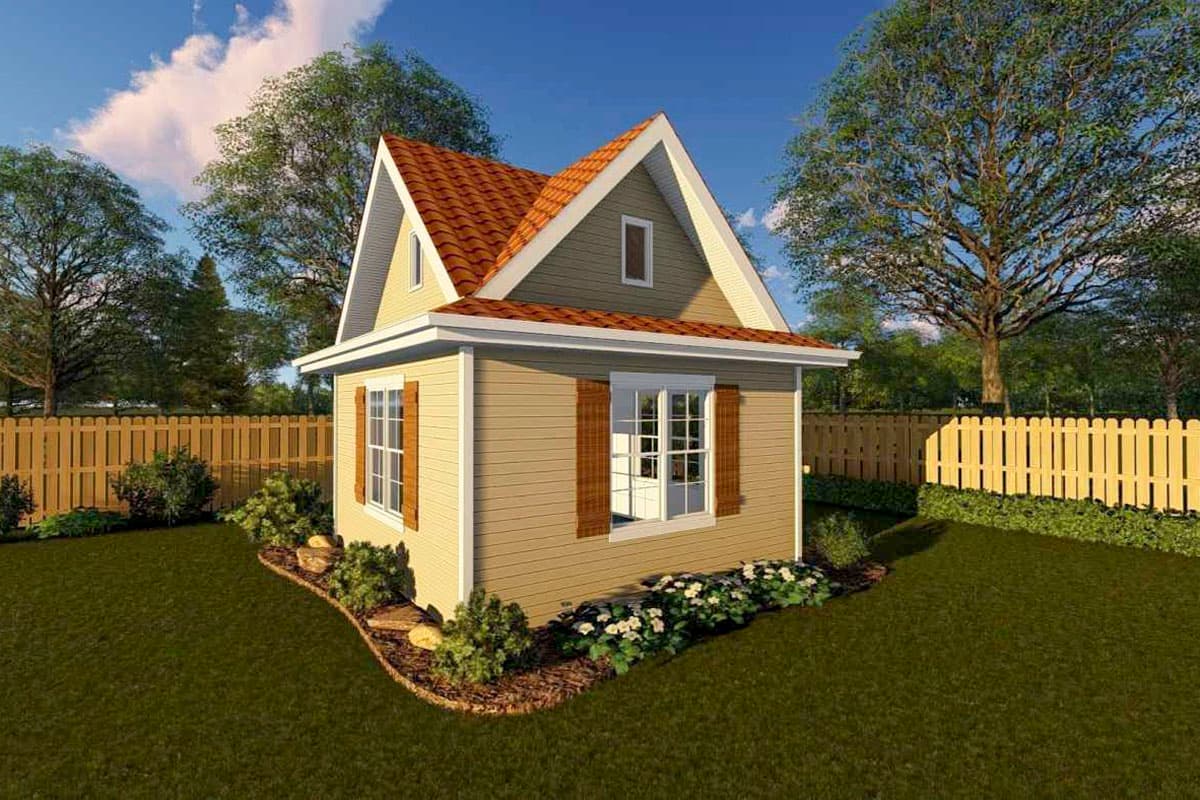 House plan exterior: A small, 1-story dwelling with gable roof, vinyl siding, and two windows with shutters.
